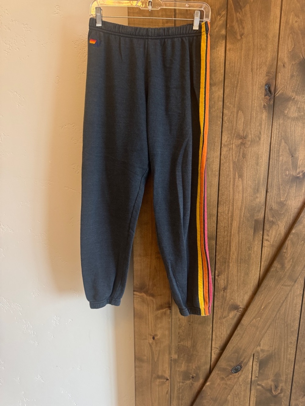 Aviator Nation Black Joggers with Rainbow Side Stripes